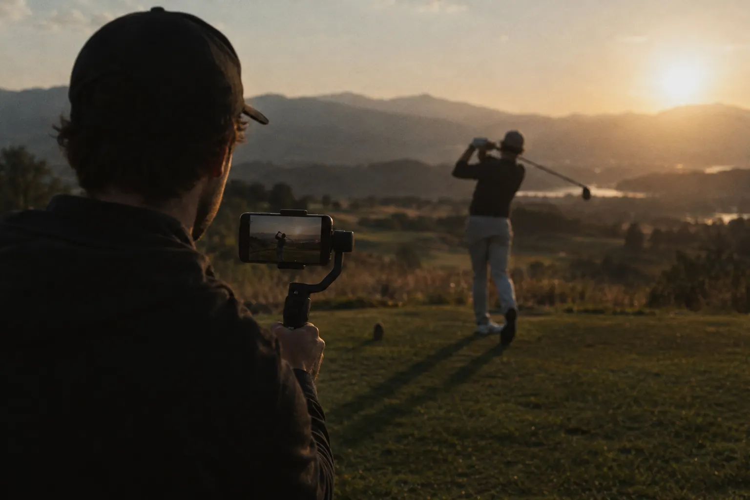 A content creator films a golfer mid-swing with a phone on a gimbal at sunset.