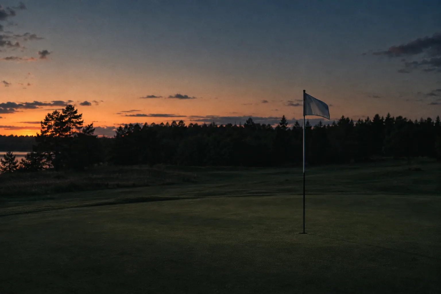 A flagstick on a green at blue hour.