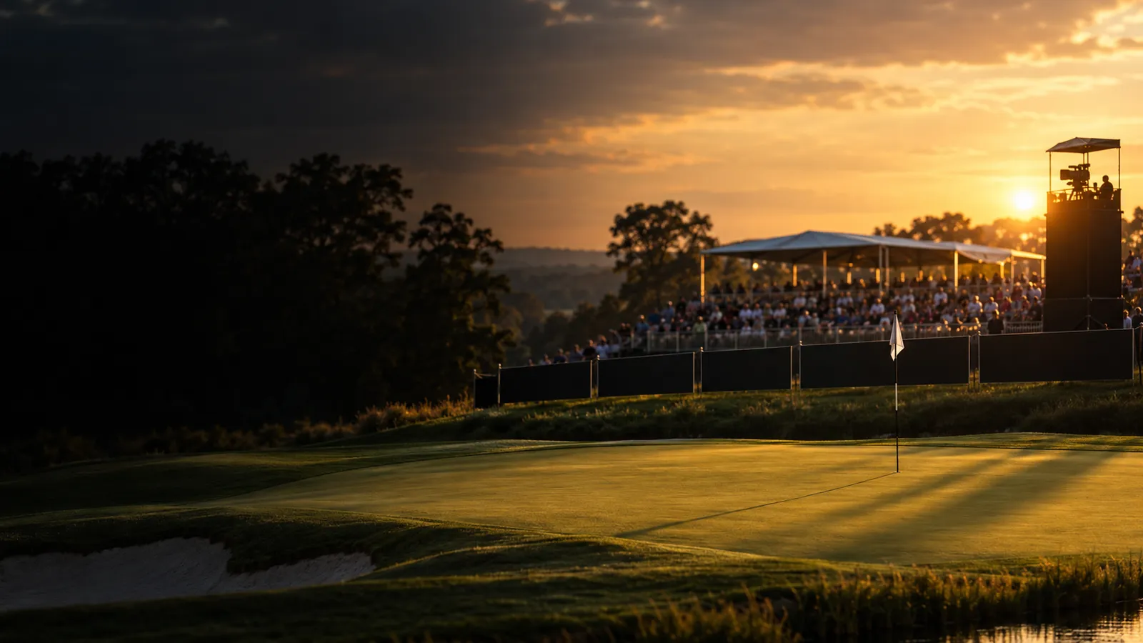 A tournament finishing hole at golden hour with a grandstand, blank sponsor boards along the ropes, and a broadcast camera tower.