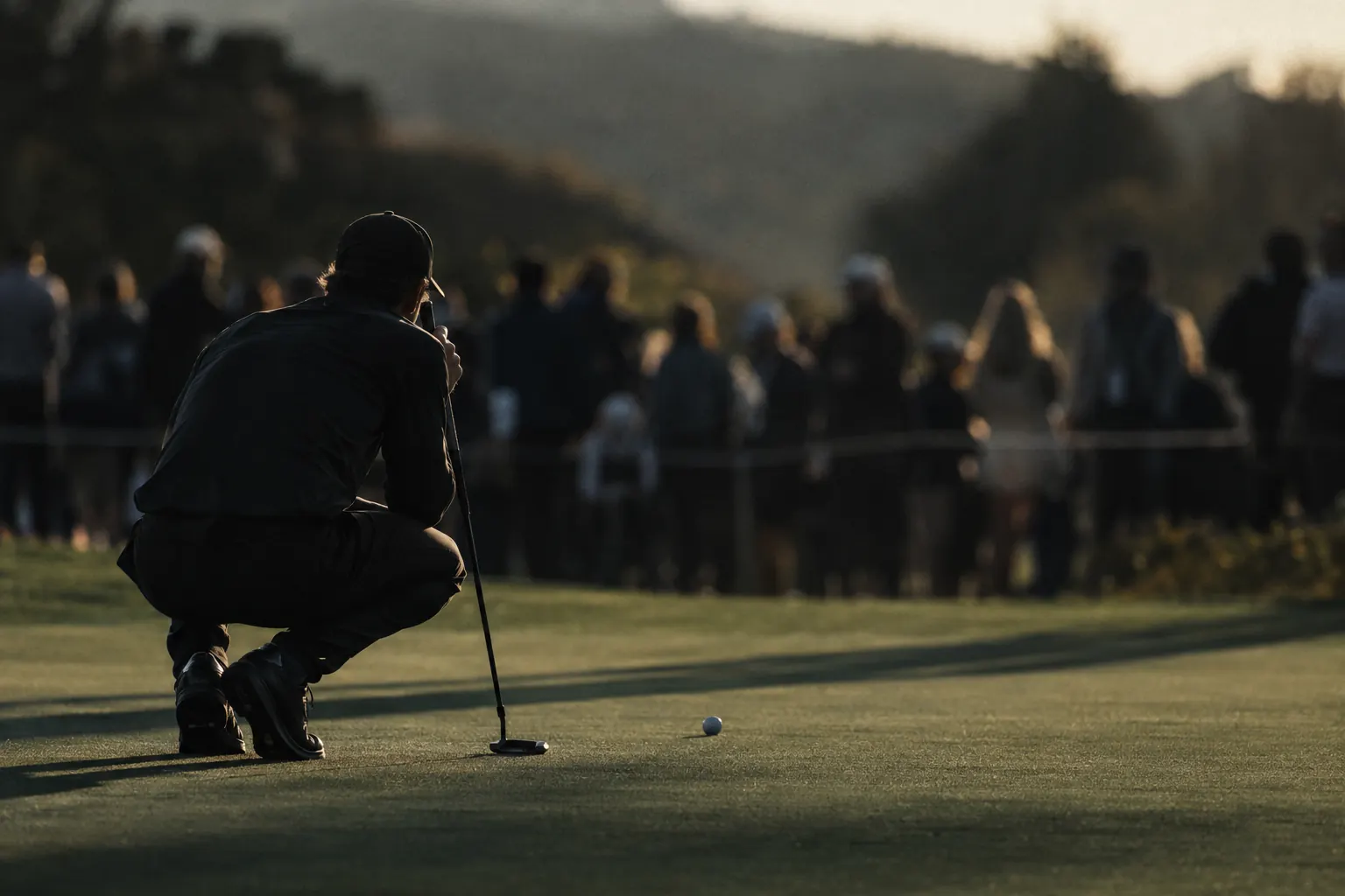 A golfer crouches to read a putt as a gallery watches from behind the ropes.