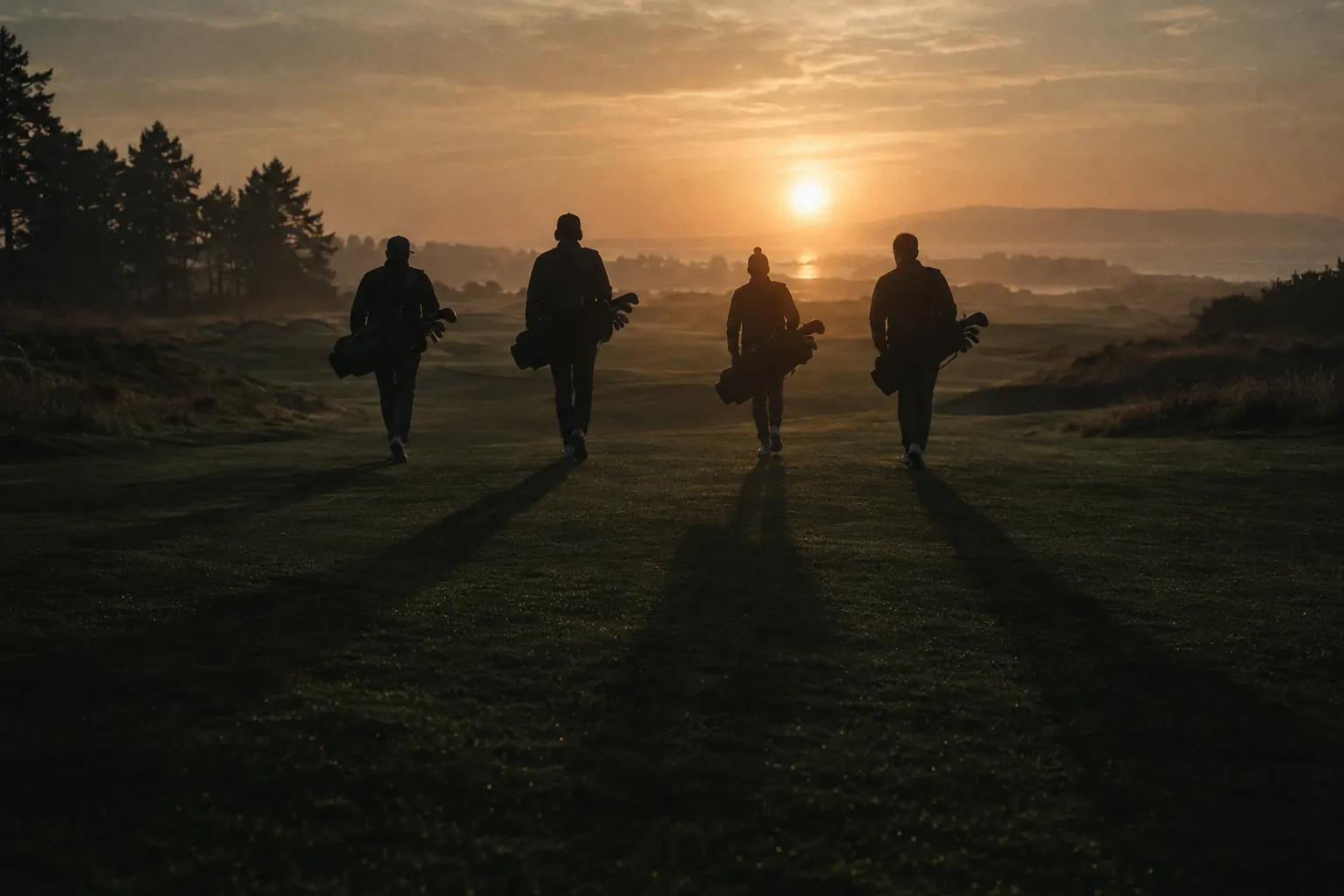 Four silhouetted golfers walk along a ridge at sunset.